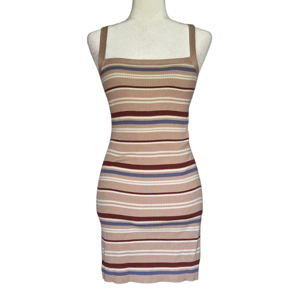 Womens Brown Striped Ribbed Knit Dress Pastel Soft Girl 90s Style Minimalist